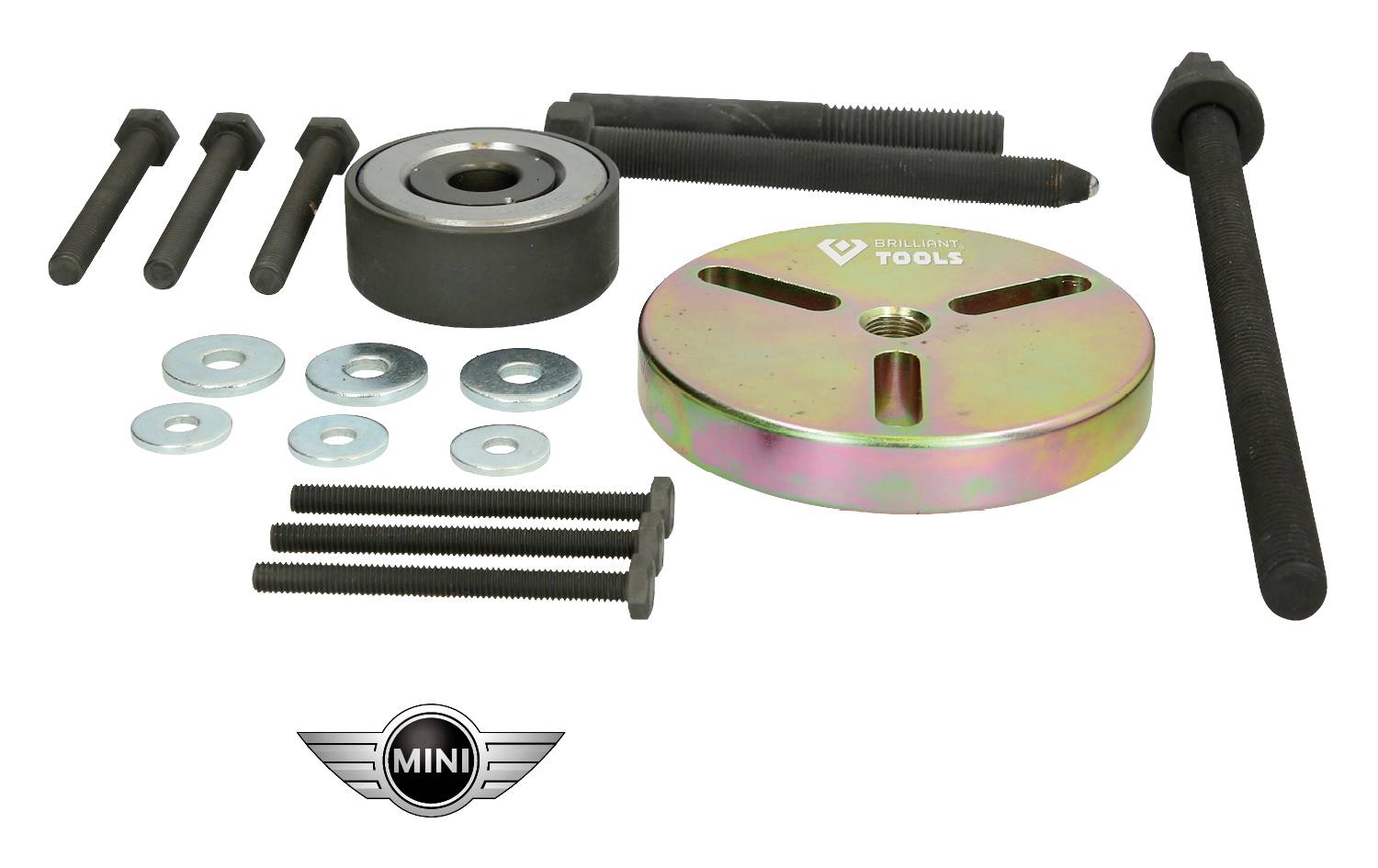 Zestaw części samochodowych, w tym śruby, nakrętki, łożyska i narzędzia, na białym tle. Logo mini w dolnej części.