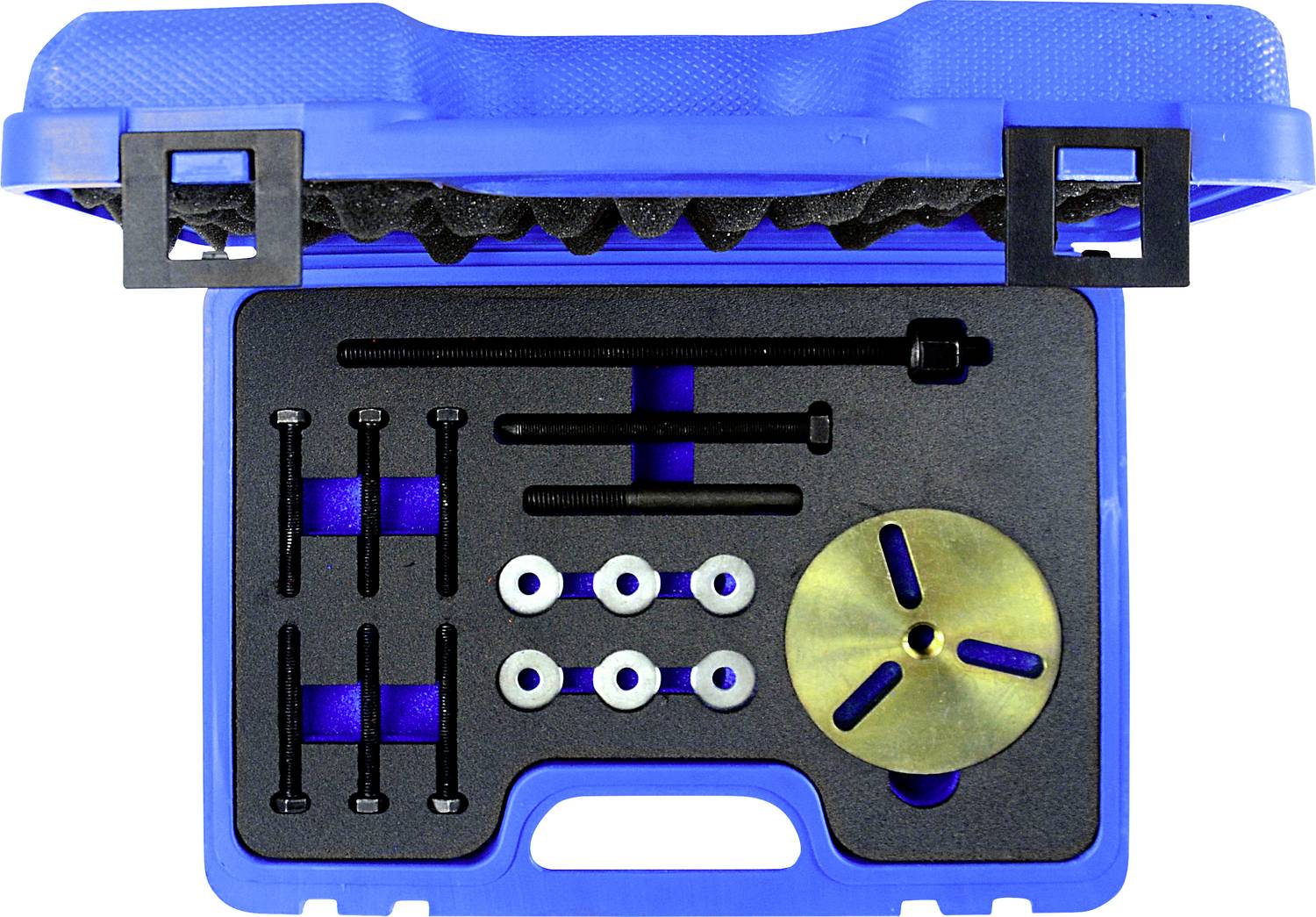 Niebieska skrzynka z narzędziami: śruby, nakrętki i okrągła metalowa podkładka. Narzędzia są bezpiecznie umieszczone w piance.