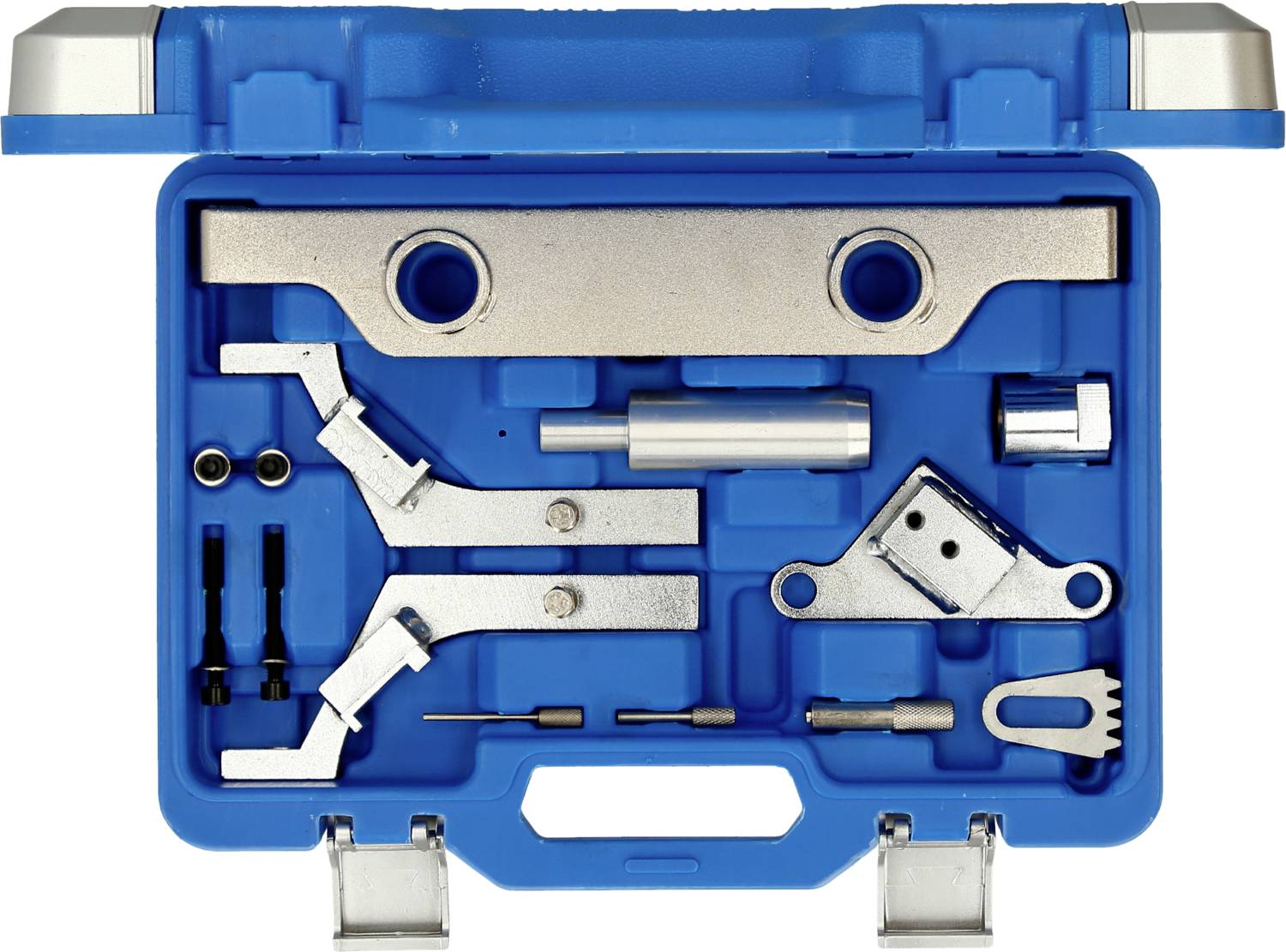 Niebieski plastikowy kufer z precyzyjnymi narzędziami metalowymi do napraw samochodowych, ułożonymi w wyprofilowanej piankowej wkładce.