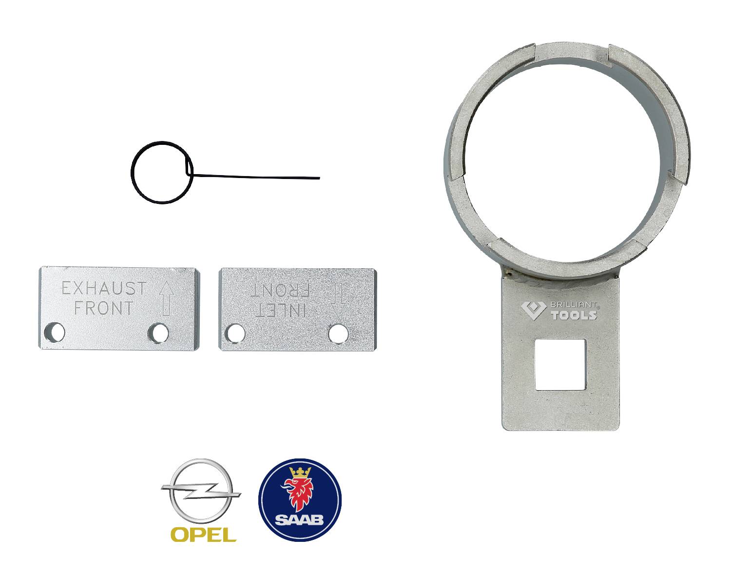 Metalowe elementy i pętle drutu do mocowania układu wydechowego i przewodów dolotowych do samochodów Opel i Saab, z logami producentów na dole.