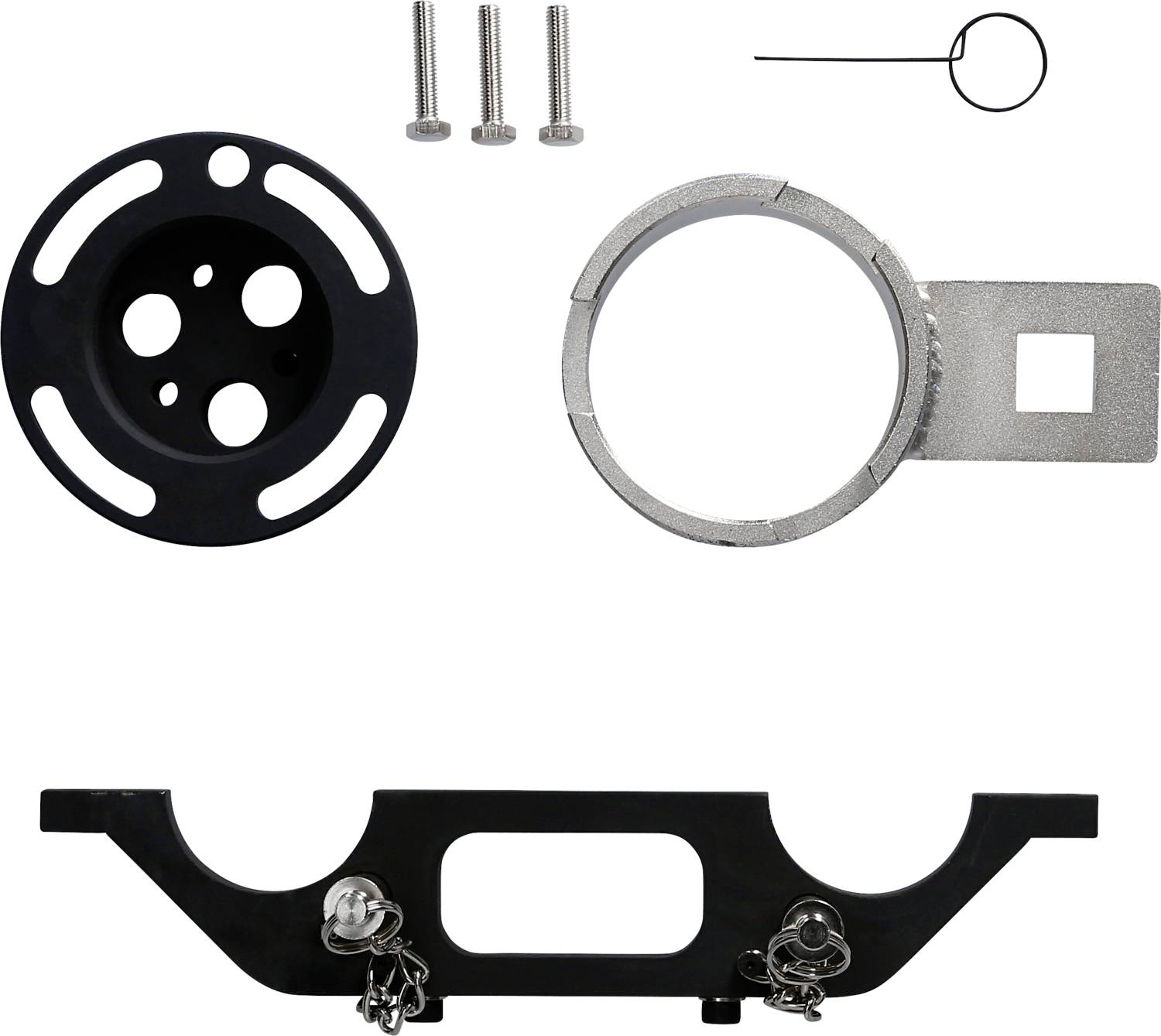 Elementy zestawu mocowania kamery: czarna podstawa, okrągła płytka, pierścień z ramieniem mocującym, trzy śruby i bolec zabezpieczający.