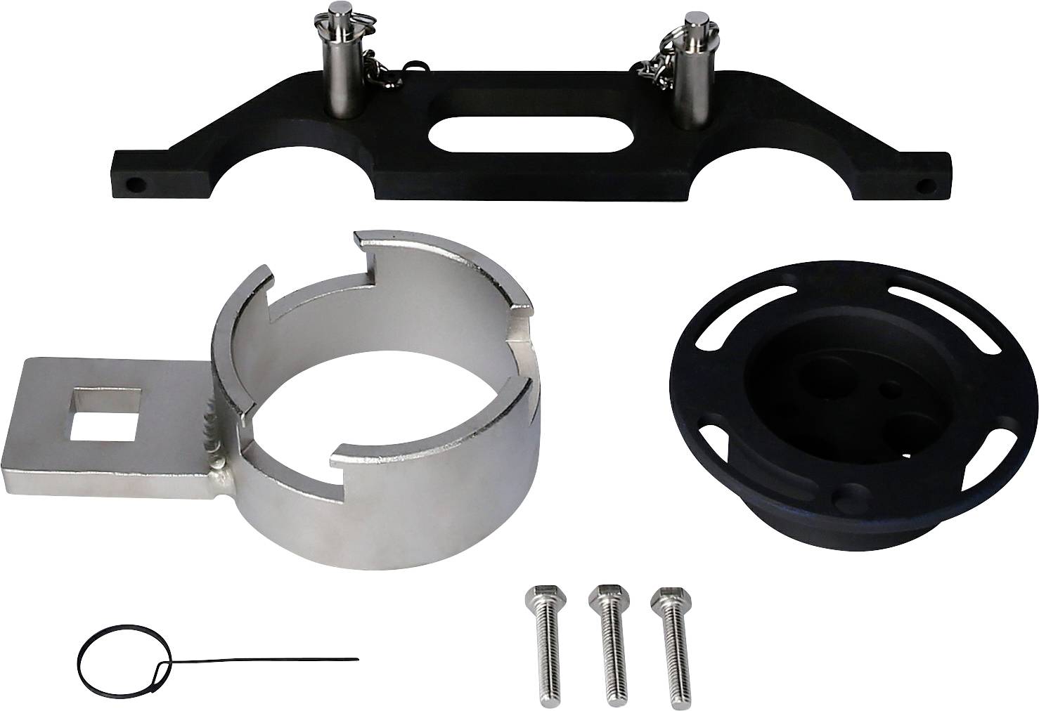 'Zestaw z elementami metalowymi: czarna podstawa, srebrny zacisk, czarne wkładki, trzy śruby i przewód. Do montażu narzędzi.'