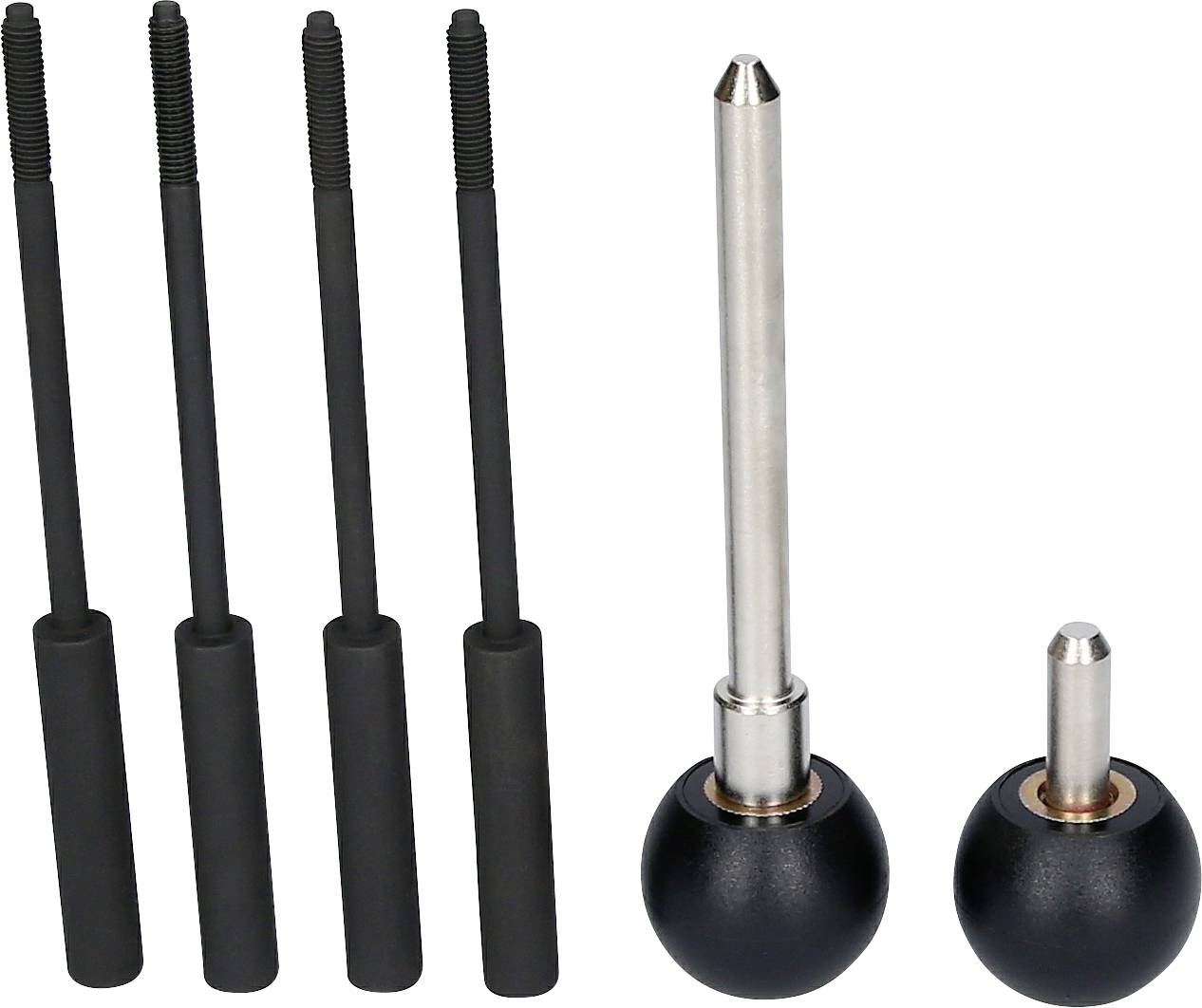 Pięć czarnych pręt wiertniczych oraz dwa sworznie centrujące z podstawą kulistą.