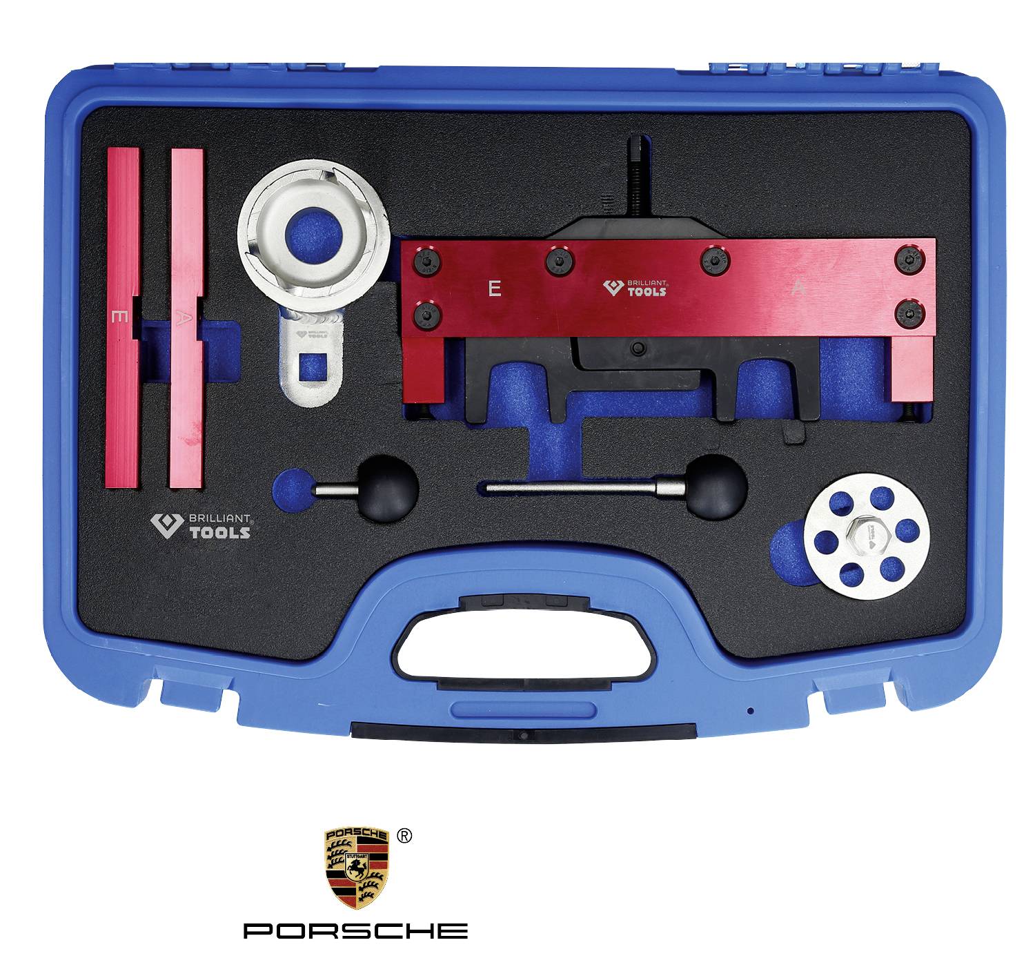 Niebieski kufer na narzędzia Porsche z specjalistycznymi narzędziami do regulacji silnika, włączając uchwyty i przyrządy pomiarowe.