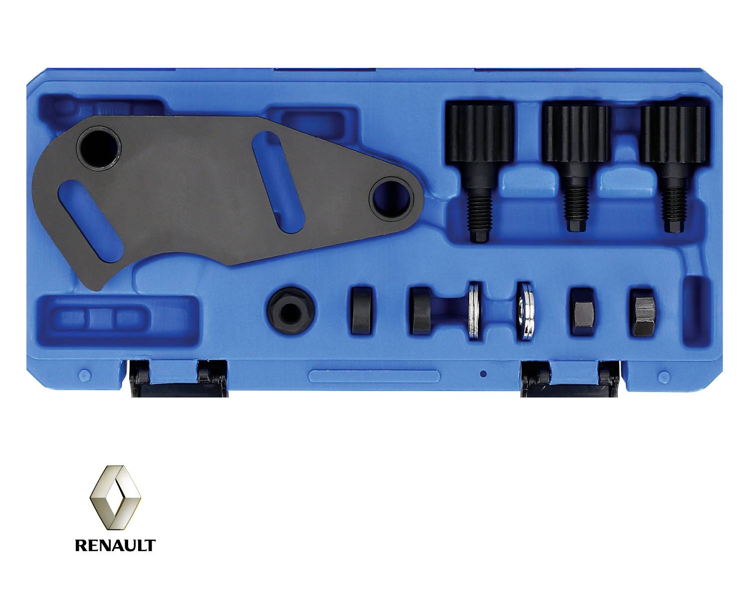 Niebieski kufer narzędziowy firmy Renault z różnymi specjalistycznymi narzędziami do napraw samochodowych, w tym uchwytami i adapterami.