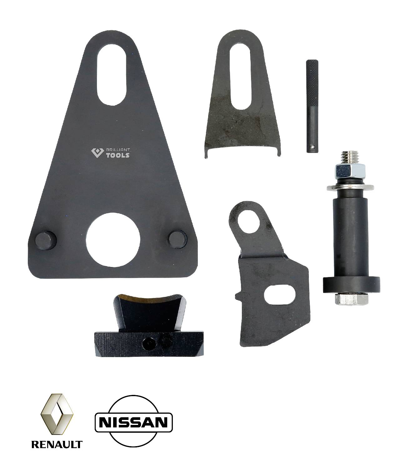 Zestaw narzędzi do ustawiania silnika do Renault i Nissana. Składający się z urządzenia napinającego, uchwytów i trzpieni do konserwacji silnika.