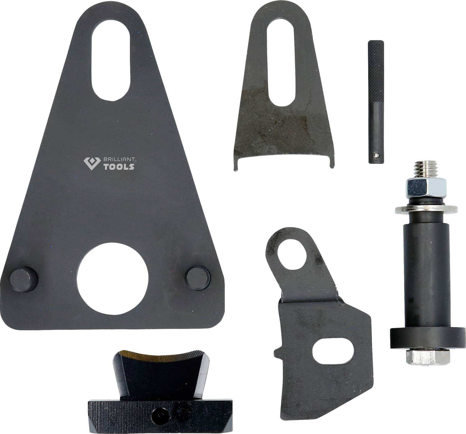 Różne metalowe narzędzia na białym tle, w tym śruba, złącze i płyta mocująca, prawdopodobnie przeznaczone do napraw pojazdów.