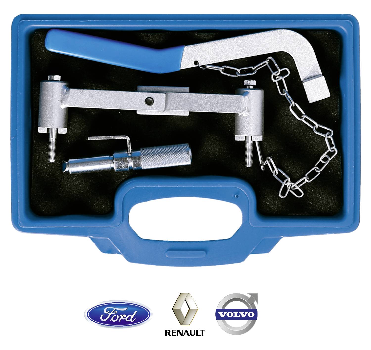 Niebieska skrzynka narzędziowa z specjalistycznymi narzędziami samochodowymi i łańcuchem, przeznaczona dla Ford, Renault i Volvo. Narzędzia umieszczone na czarnej gąbce.