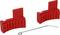 Dwa czerwone plastikowe kliny i srebrny metalowy hak na białym tle.