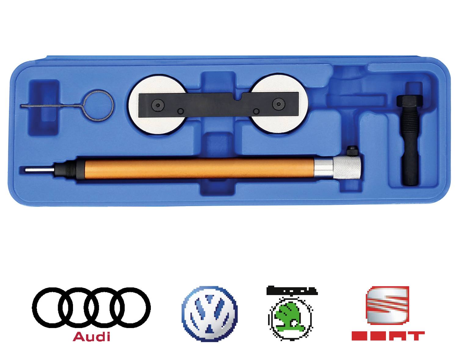 Zestaw narzędzi do demontażu przedniej szyby; zawiera narzędzie do podważania, przyssawki oraz mocowanie; z logotypami różnych marek samochodowych.