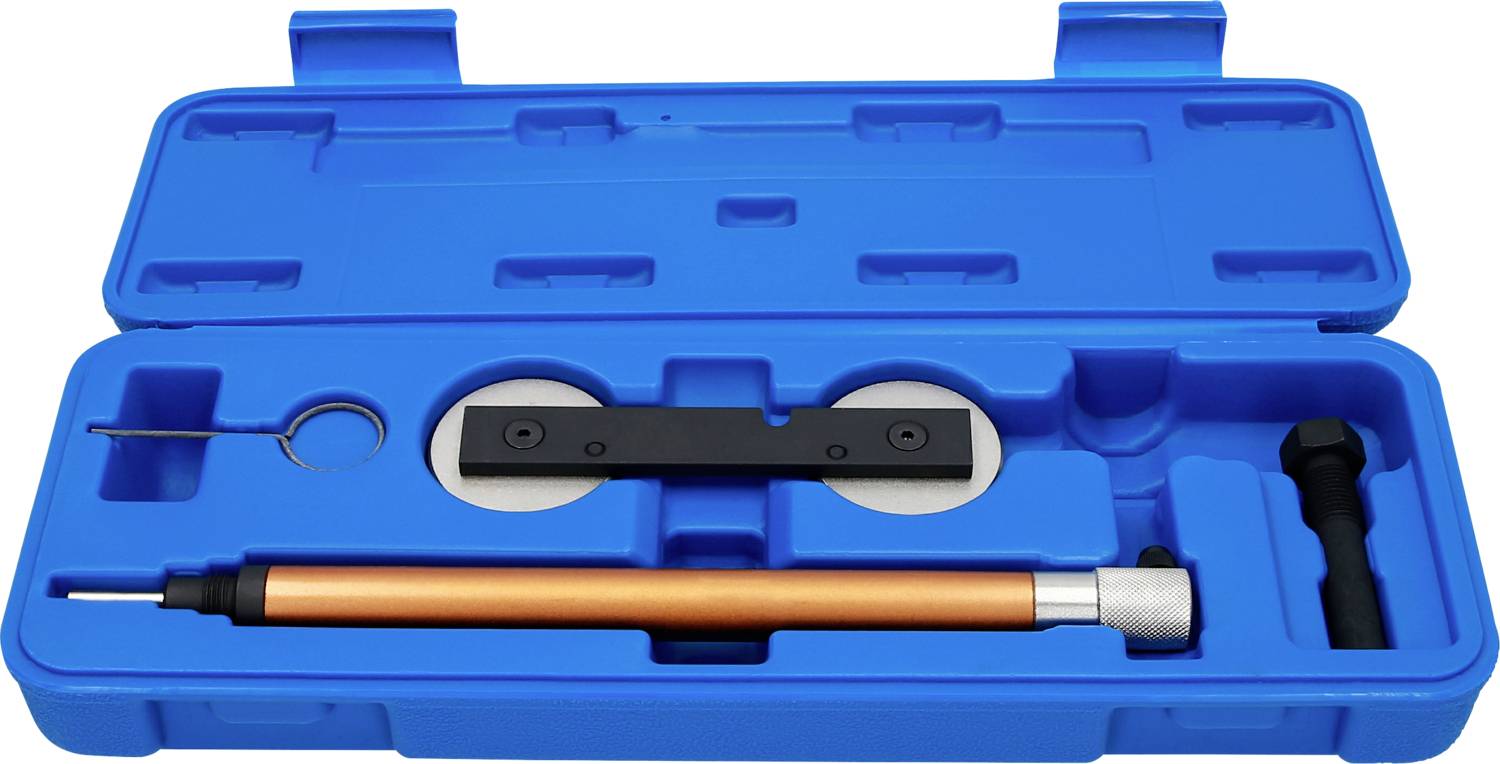 Niebieskie plastikowe etui z zestawem narzędzi pomiarowych: pęseta o pomarańczowo-czarnym uchwycie, okrągłe wkładki, klucz do śrub.