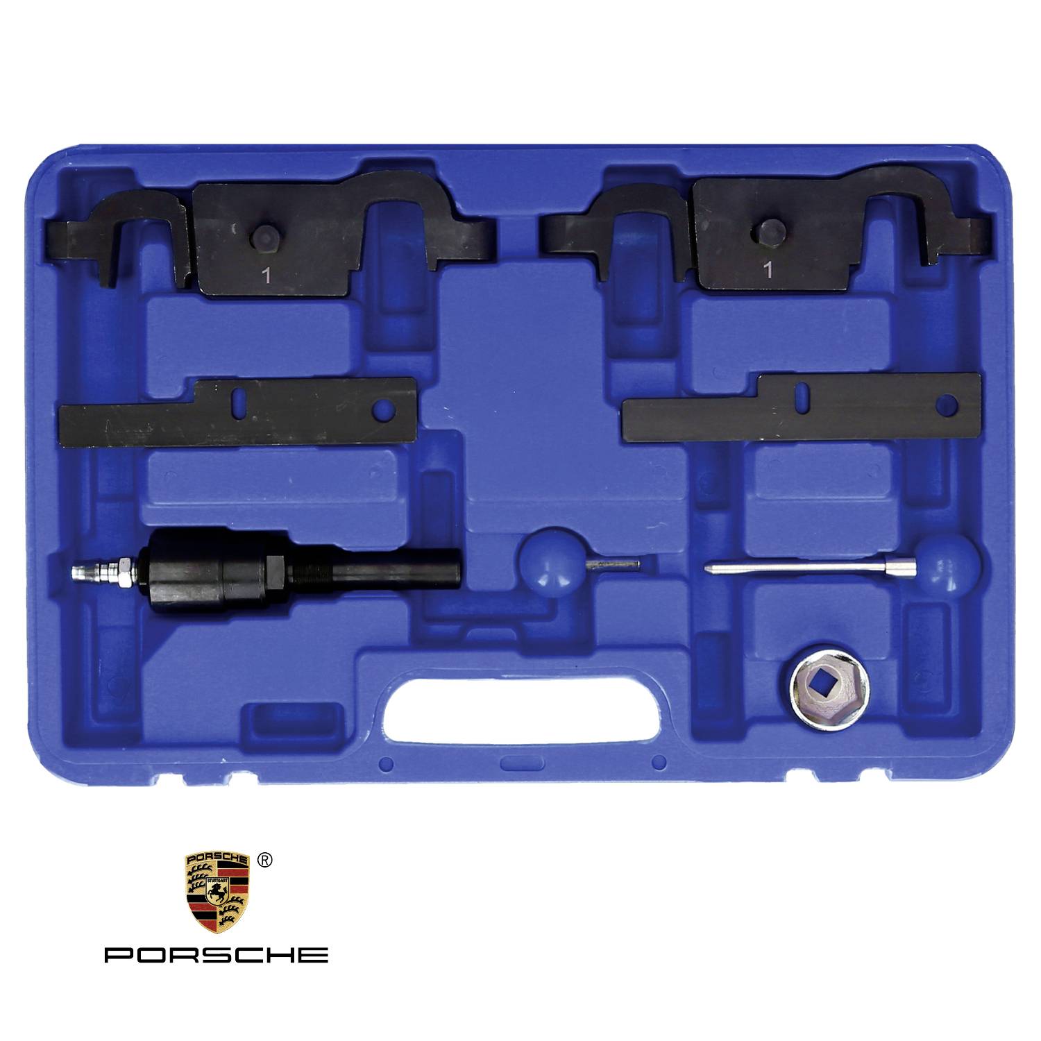 Niebieski walizka na narzędzia z specjalistycznymi narzędziami i logo Porsche w lewym dolnym rogu. Narzędzia do napraw samochodowych.
