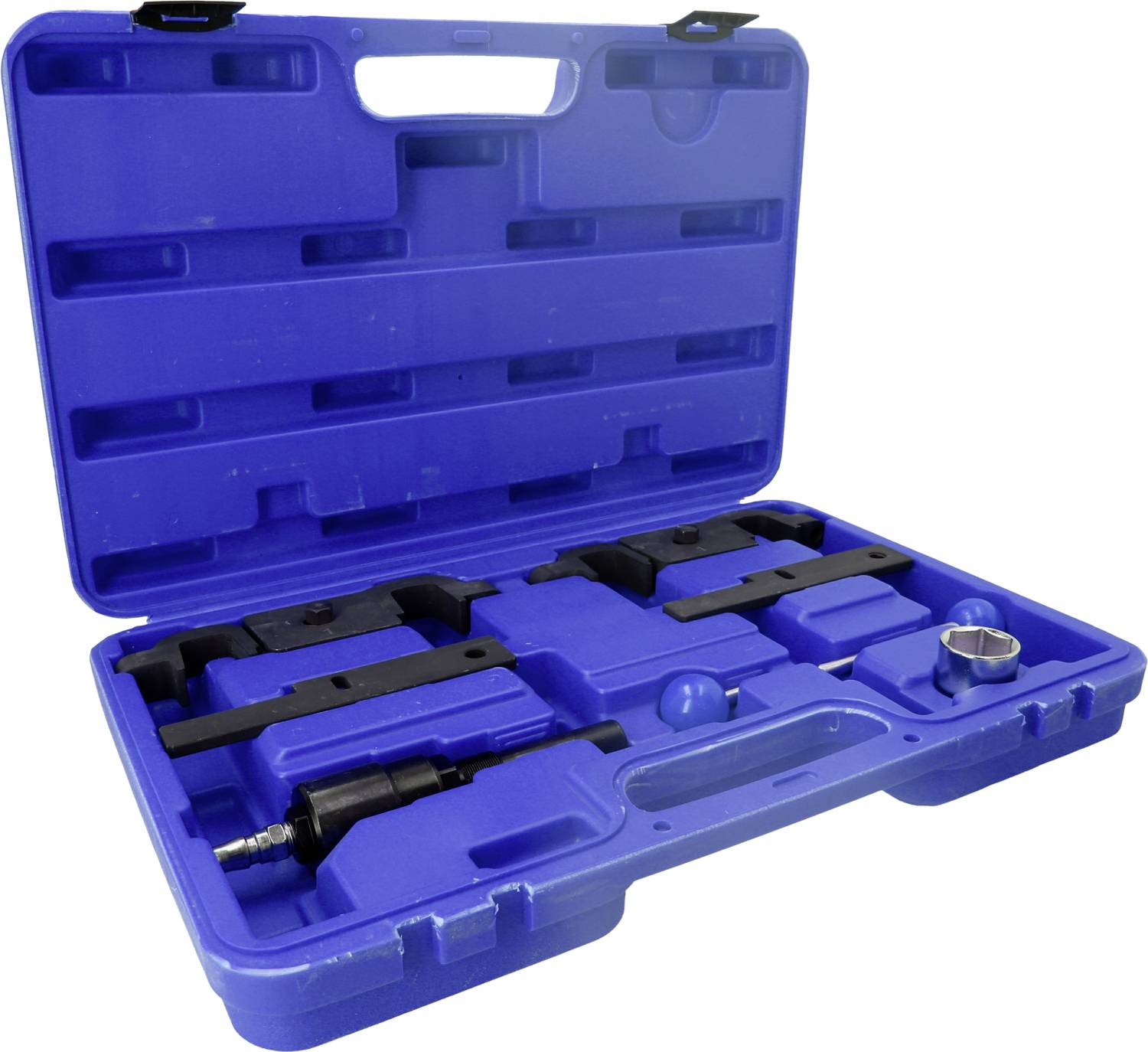 Niebieski plastikowy kufer na narzędzia z różnymi przegródkami, pokazany w otwartej formie. Zawiera różnorodnie ukształtowane czarne narzędzia i akcesoria.