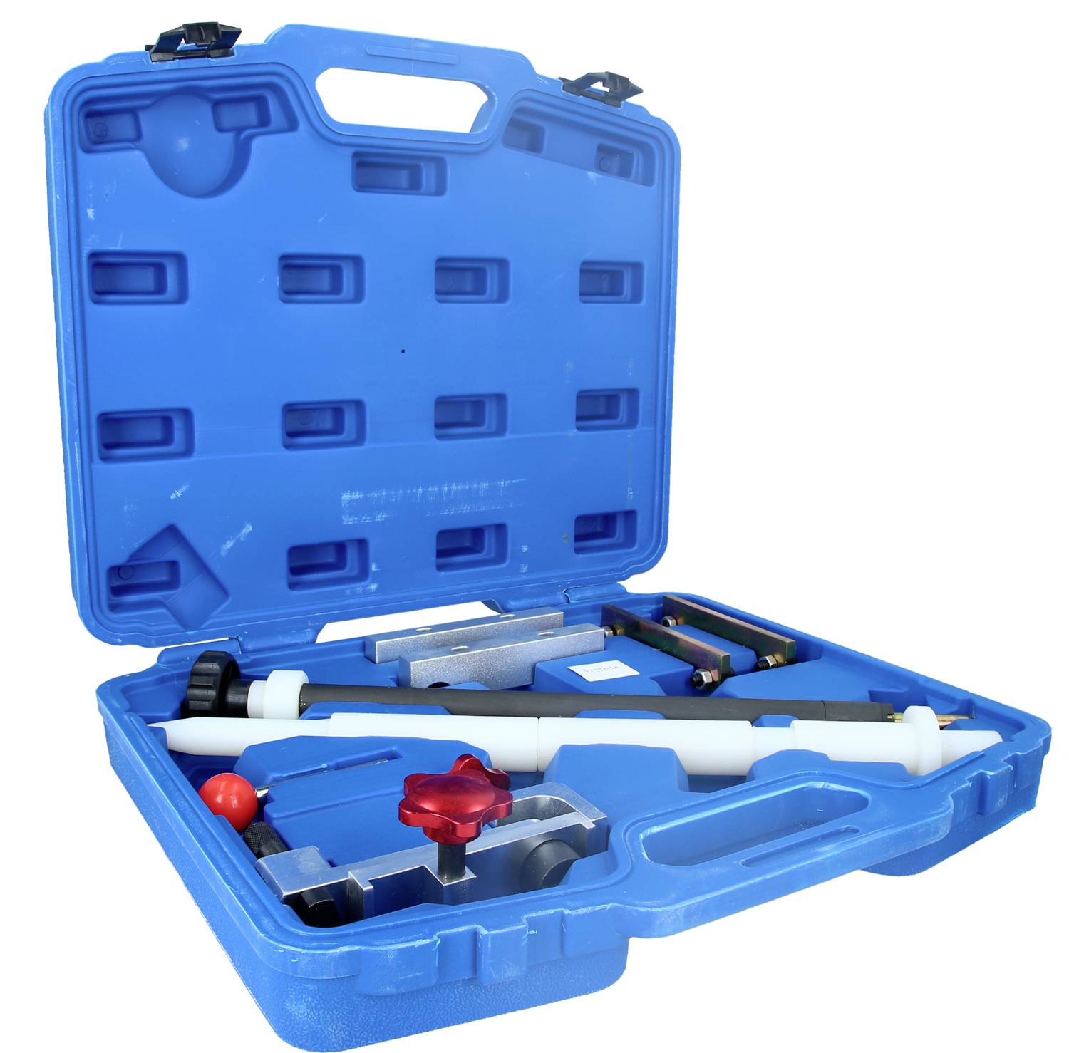 Niebieska skrzynka narzędziowa, która jest otwarta i zawiera różne narzędzia, w tym klucze i miernik momentu obrotowego.