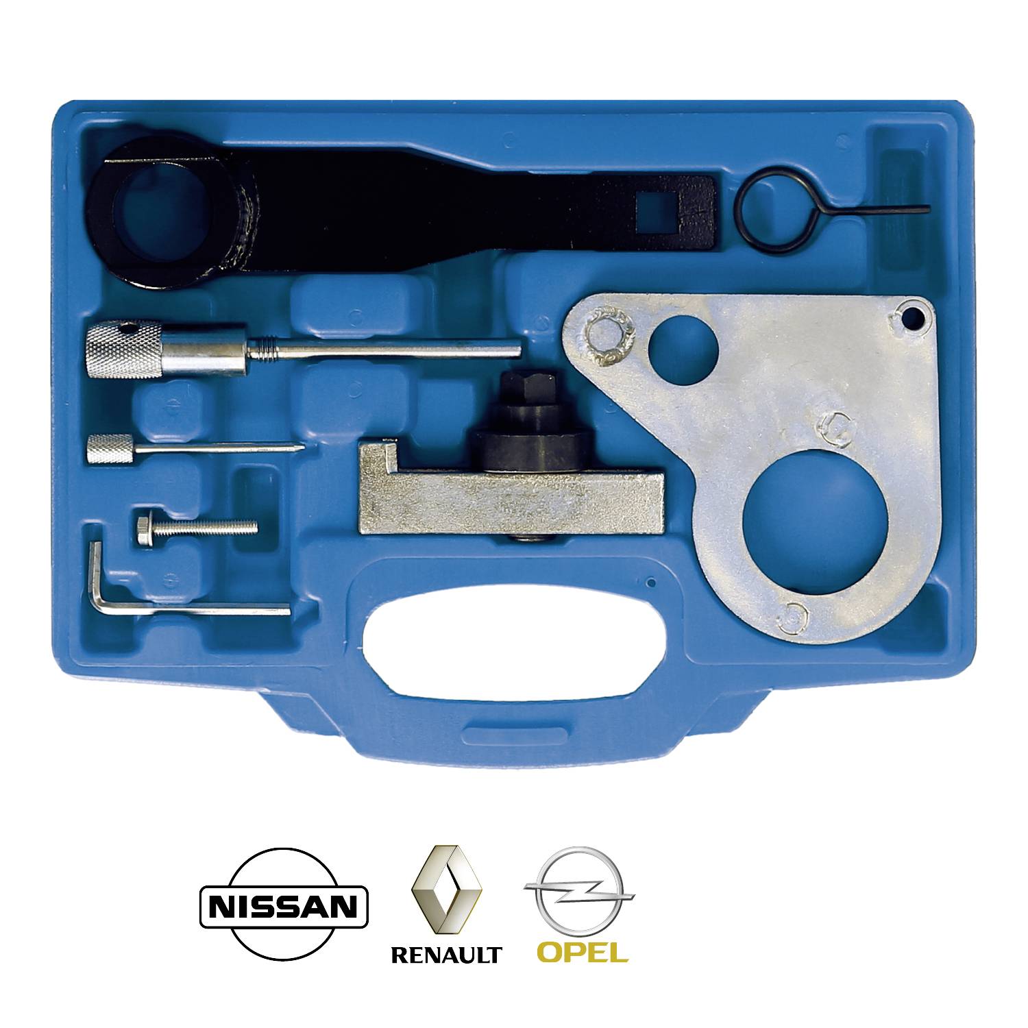 Niebieski kufer narzędziowy ze specjalistycznymi narzędziami samochodowymi, w tym kluczami i uchwytami. Poniżej widoczne są logo Nissana, Renault i Opla.