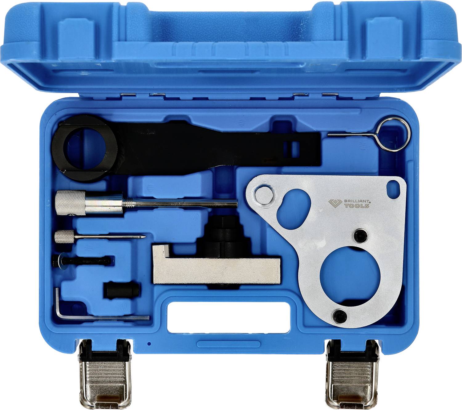 Niebieski kufer narzędziowy z różnymi narzędziami mechanicznymi, w tym kluczami i adapterami, przeznaczony do naprawy pojazdów.