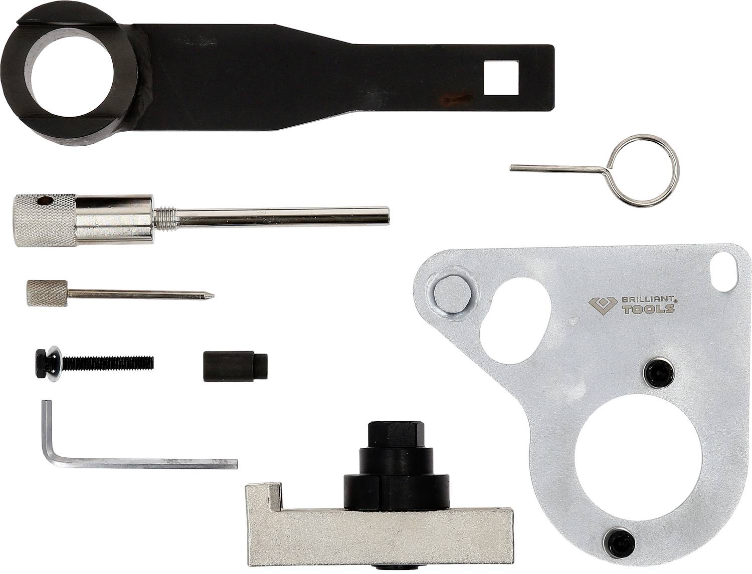 Zestaw narzędzi do ustawiania czasów rozrządu silników pojazdów, składający się z kilku elementów metalowych i śrub.