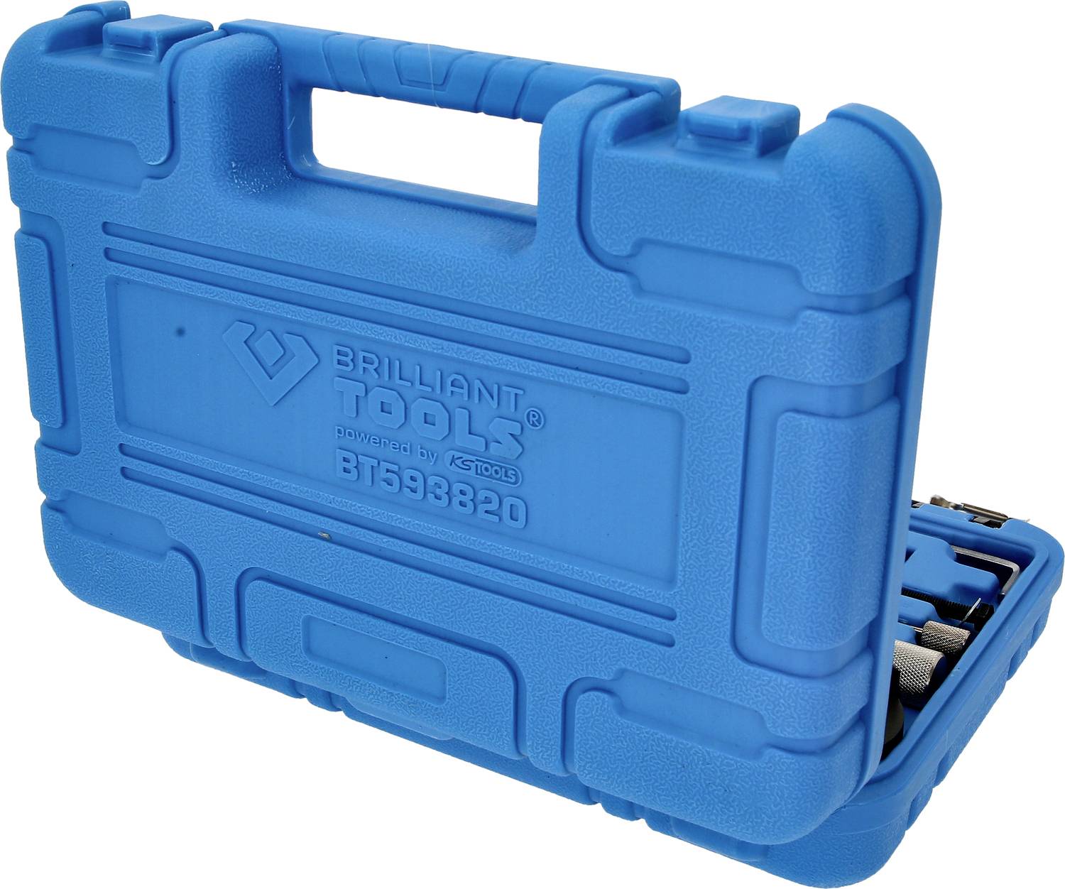 Niebieska skrzynka narzędziowa z napisem 'Brilliant Tools', częściowo otwarta, ukazuje widok znajdujących się wewnątrz narzędzi.