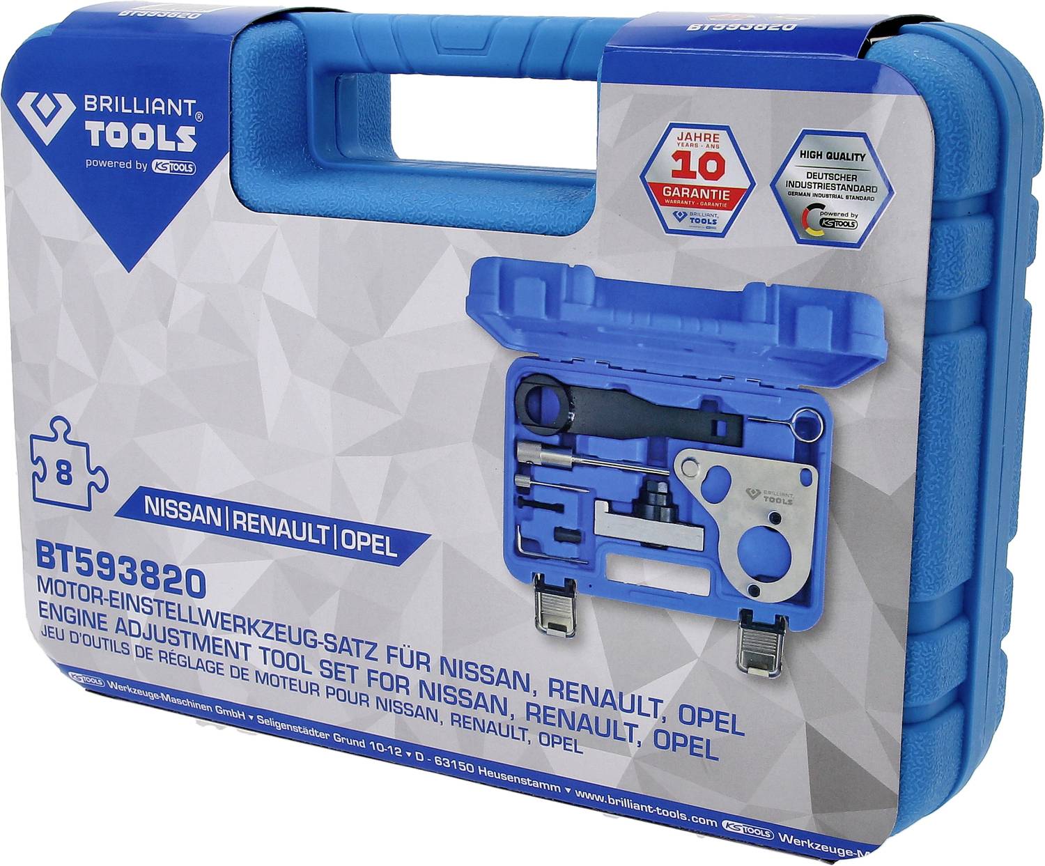 Niebieskobiały zestaw narzędziowy firmy Brilliant Tools. Zawiera narzędzia do ustawiania silnika do samochodów Nissan, Renault i Opel. 10 lat gwarancji.