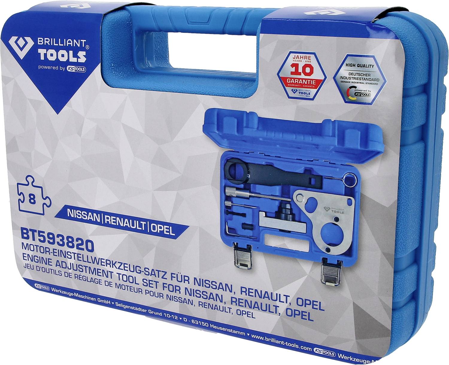 Niebieski kufer zawiera zestaw narzędzi do regulacji silnika do samochodów marek Nissan, Renault i Opel. Marka to 'Brilliant Tools'.