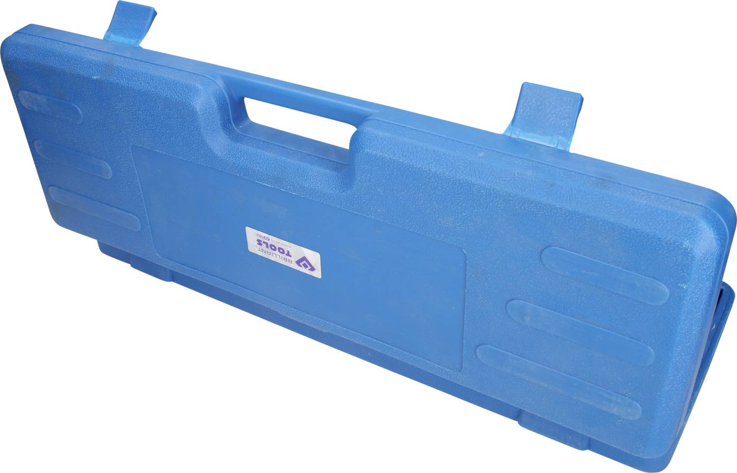 Niebieski, prostokątny kufer na narzędzia z uchwytem do przenoszenia, zamknięty.