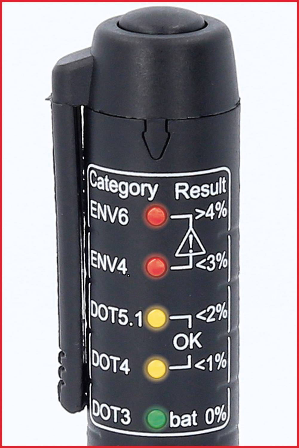 Czarny długopis z skalą pomiarową, która wyświetla kategorie od ENV6 do DOT3. Diody LED wskazują stan płynu hamulcowego.
