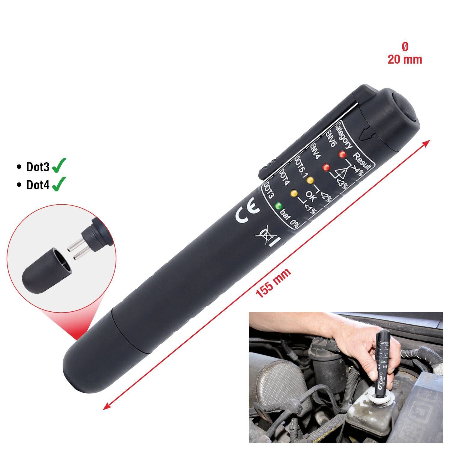 Wskaźnik poziomu płynu hamulcowego. Przeznaczony do użycia w komorze silnika do sprawdzania stanu płynu. Wymiary: 155 mm, średnica: 20 mm.