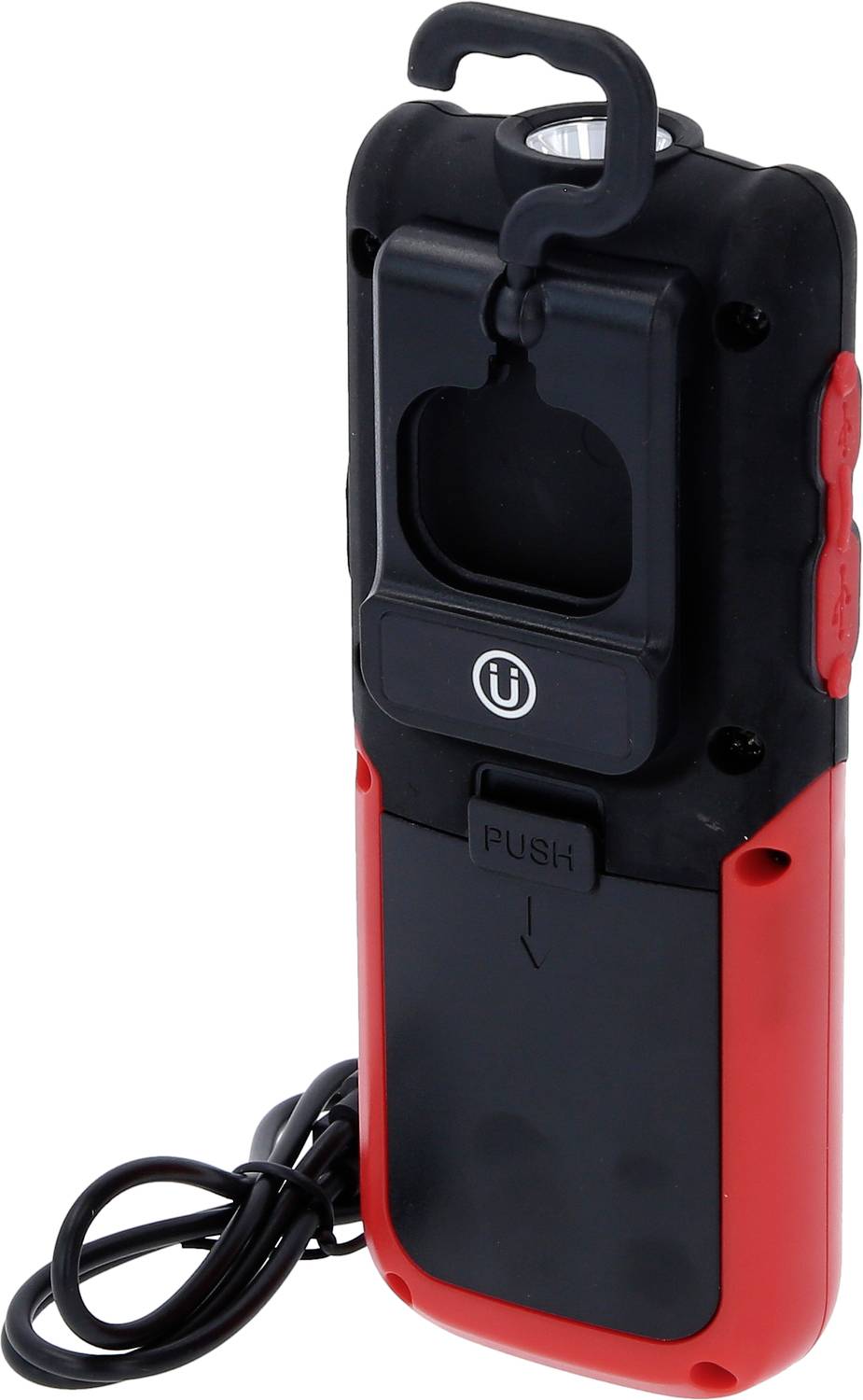 Czerwono-czarny przenośny ładowarka z haczykiem i przewodem. Posiada przyciski po boku i mechanizm ''Push'' z przodu.