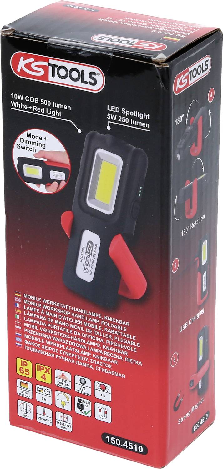 Pudełko lampy roboczej LED firmy KS Tools, prezentujące funkcje takie jak mechanizm obrotowy 180°, funkcja ładowania przez USB oraz parametry świecenia.