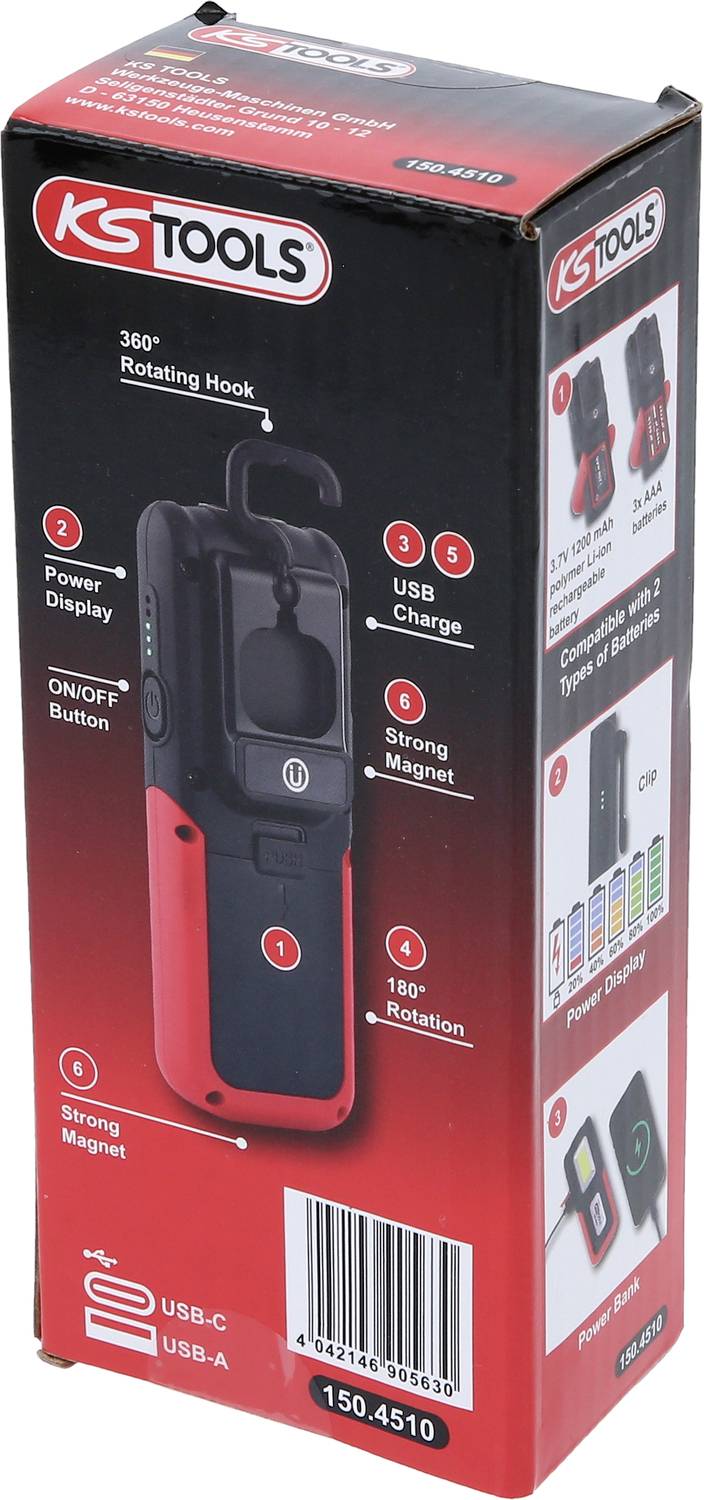 Przedstawiona jest czarna i czerwona lampa LED firmy KS Tools. Funkcje: obrotowy hak, mocny magnes, złącza USB-C i USB-A.