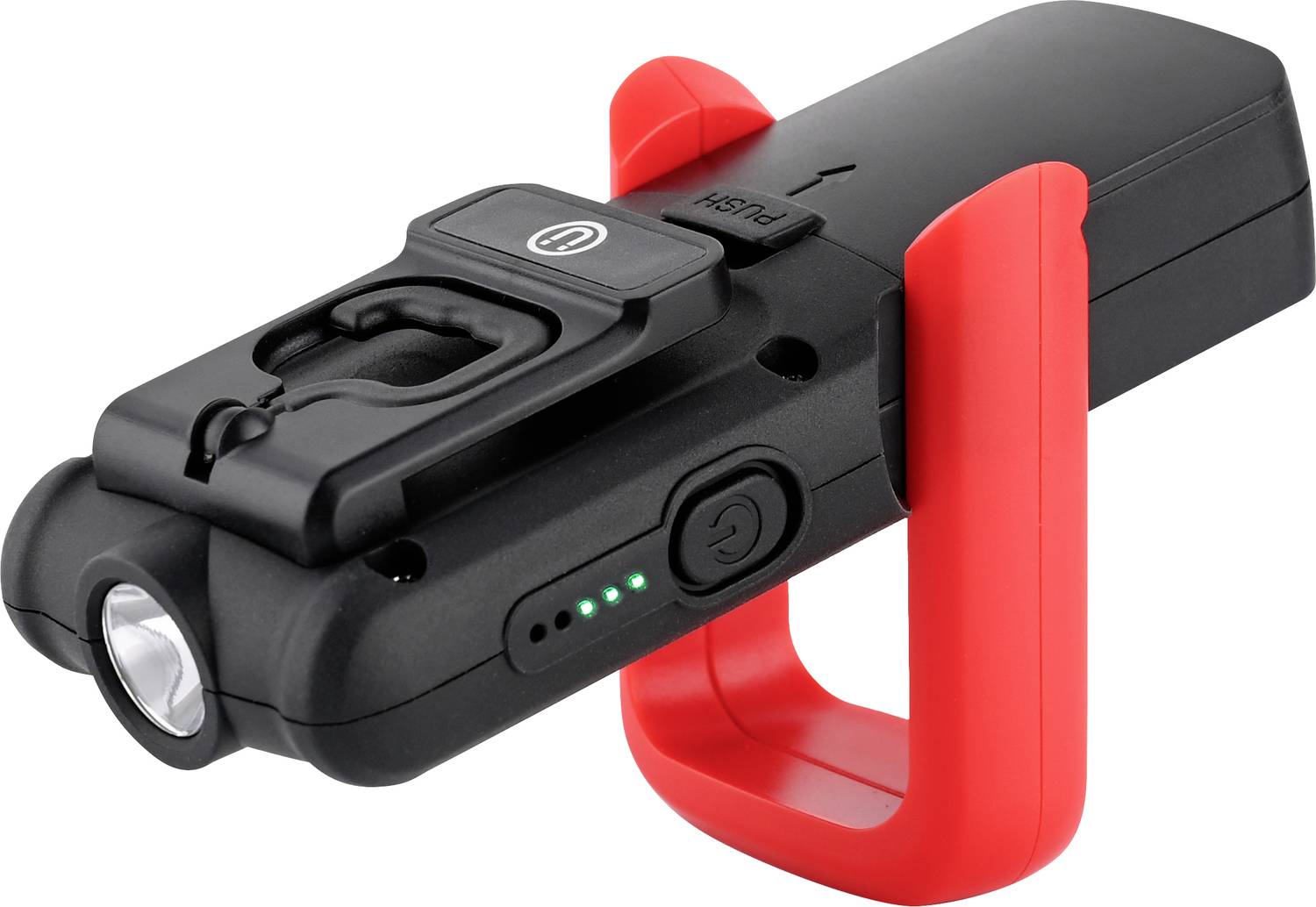 Przenośna, czarna latarka z czerwoną podstawką, wskaźnikiem poziomu naładowania, bocznym włącznikiem/wyłącznikiem oraz klipsem do paska.