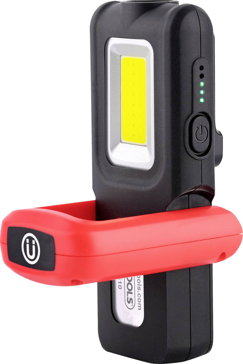 Przenośna lampa robocza LED z czarną obudową, czerwoną podstawą magnetyczną i wskaźnikiem ładowania.