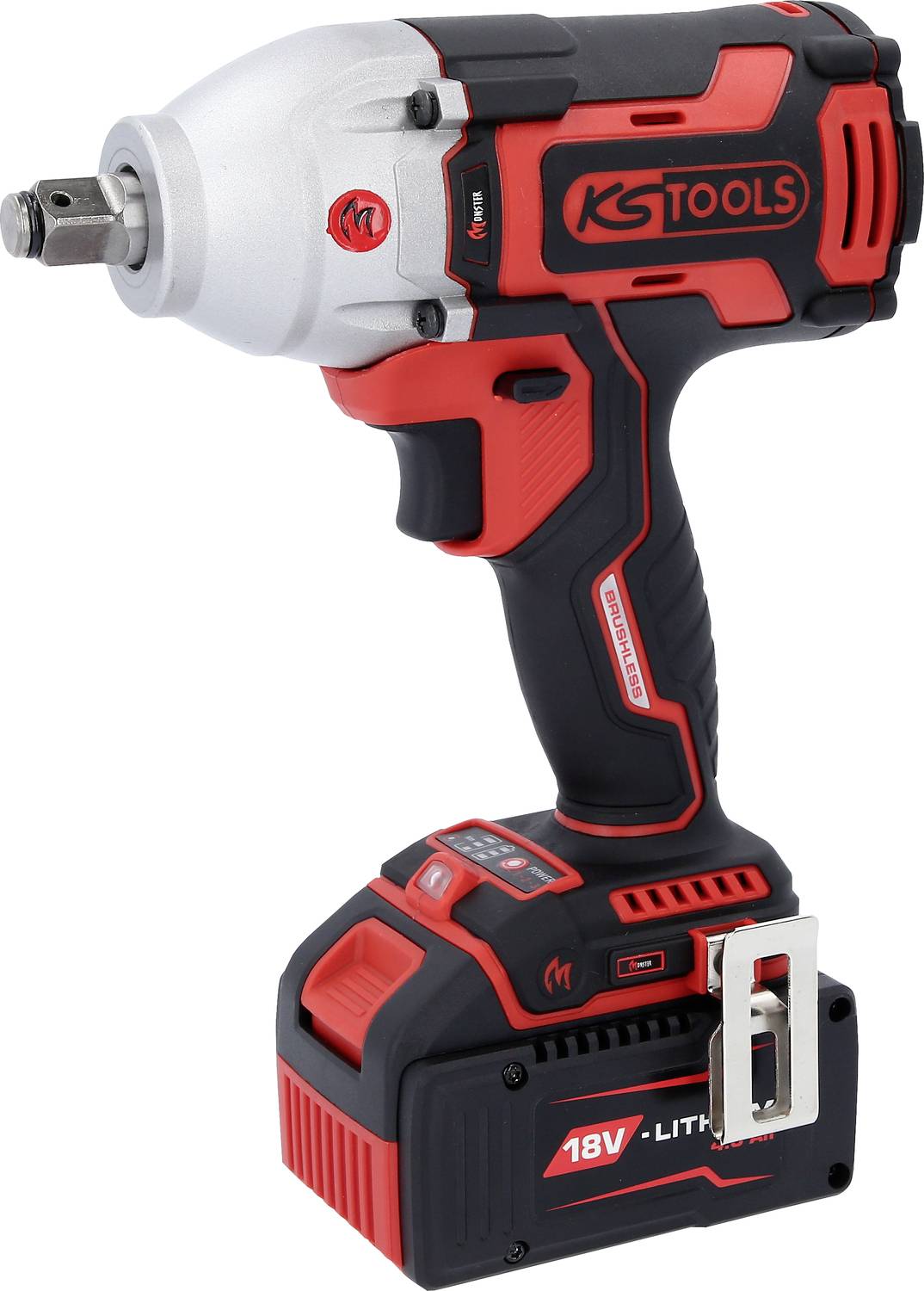 Wkrętarka udarowa z czerwono-czarną obudową i srebrną głowicą, wyposażona w akumulator litowy 18V w dolnej części.