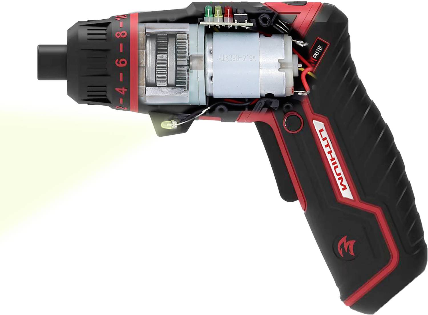 Akumulatorowy wkrętak z przezroczystą obudową, która uwidacznia silnik i mechanikę, podświetlony zintegrowanym światłem LED.