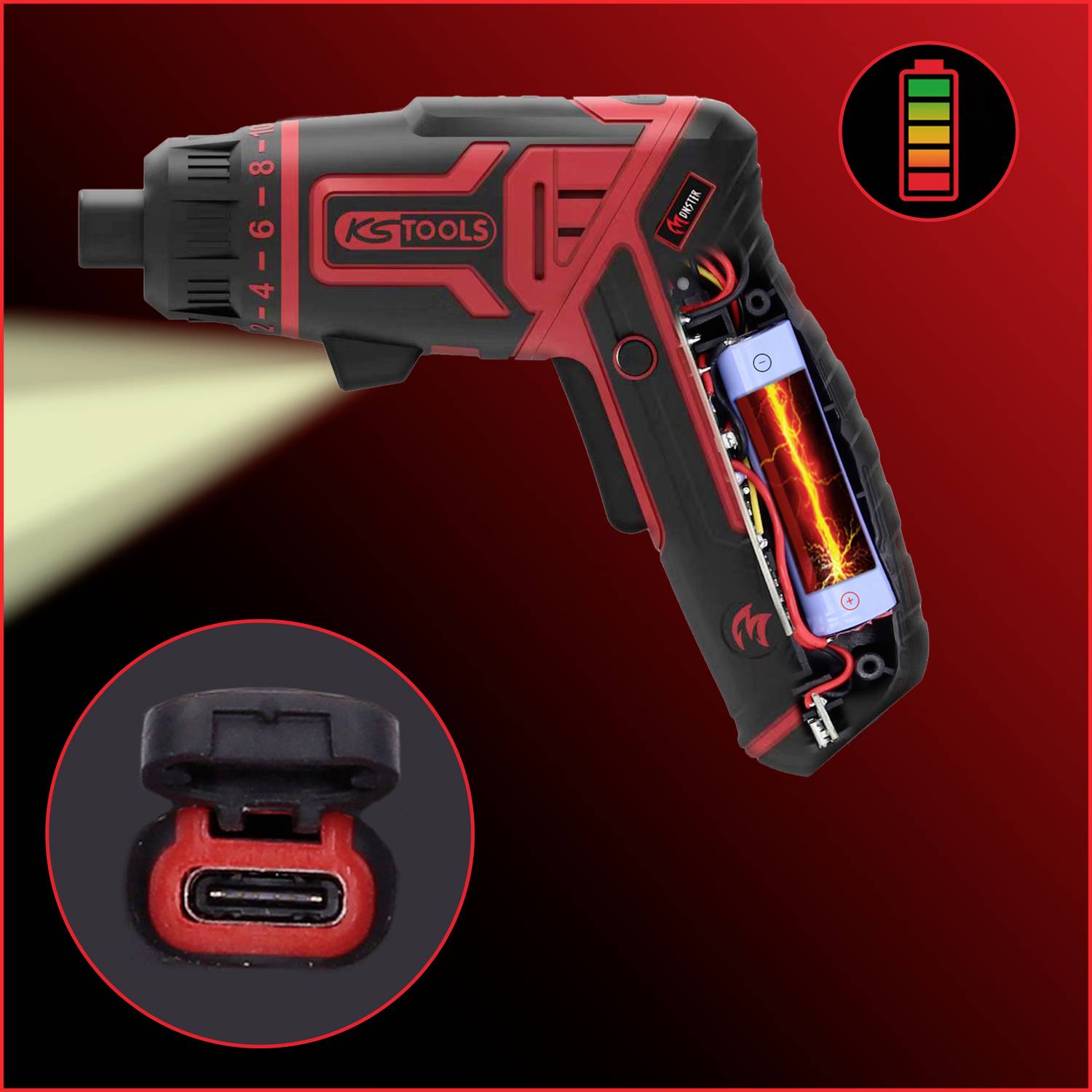 Wkrętak akumulatorowy z czerwonymi akcentami, wyświetlacz stanu naładowania i złącze USB-C. Projekcja światła na ścianę.