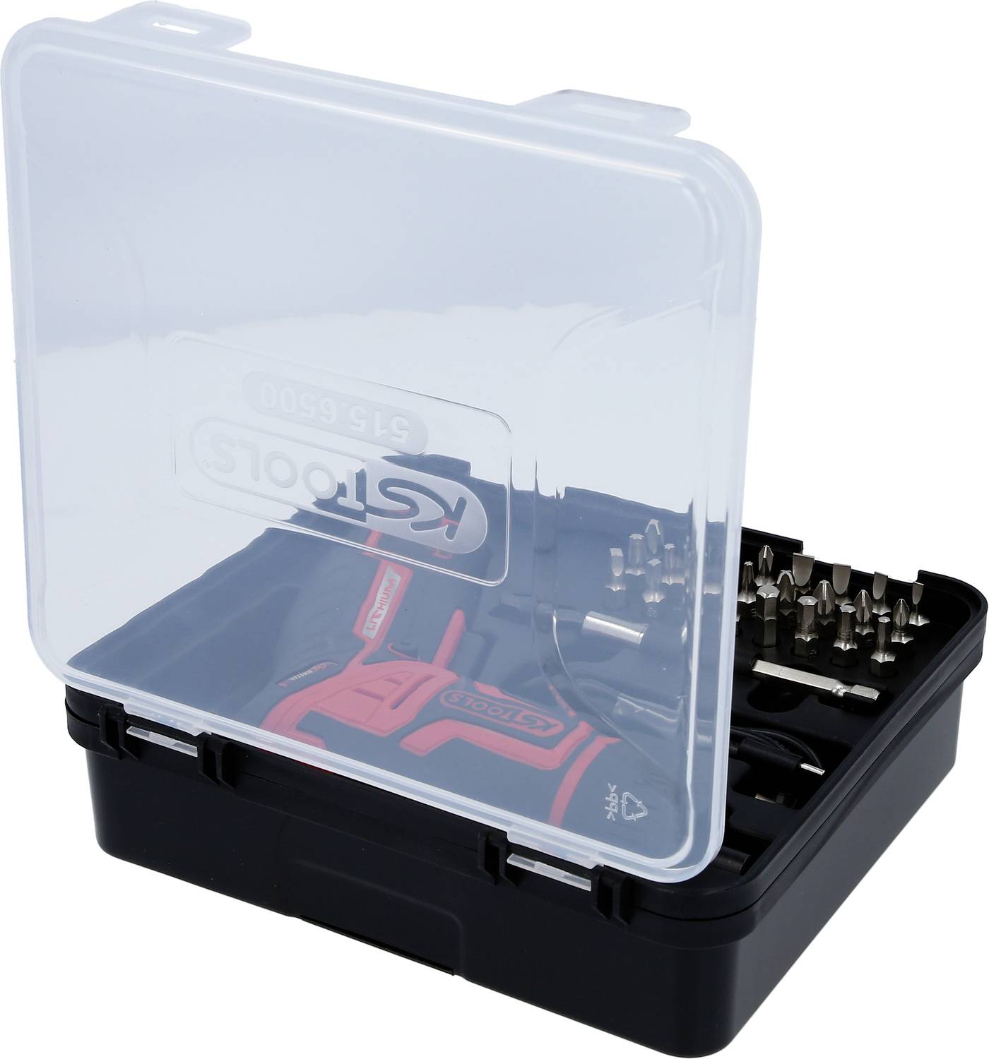 Przezroczysty pojemnik na narzędzia z czerwonym uchwytem wkrętaka i różnymi końcówkami, zorganizowany w czarnym pudełku.