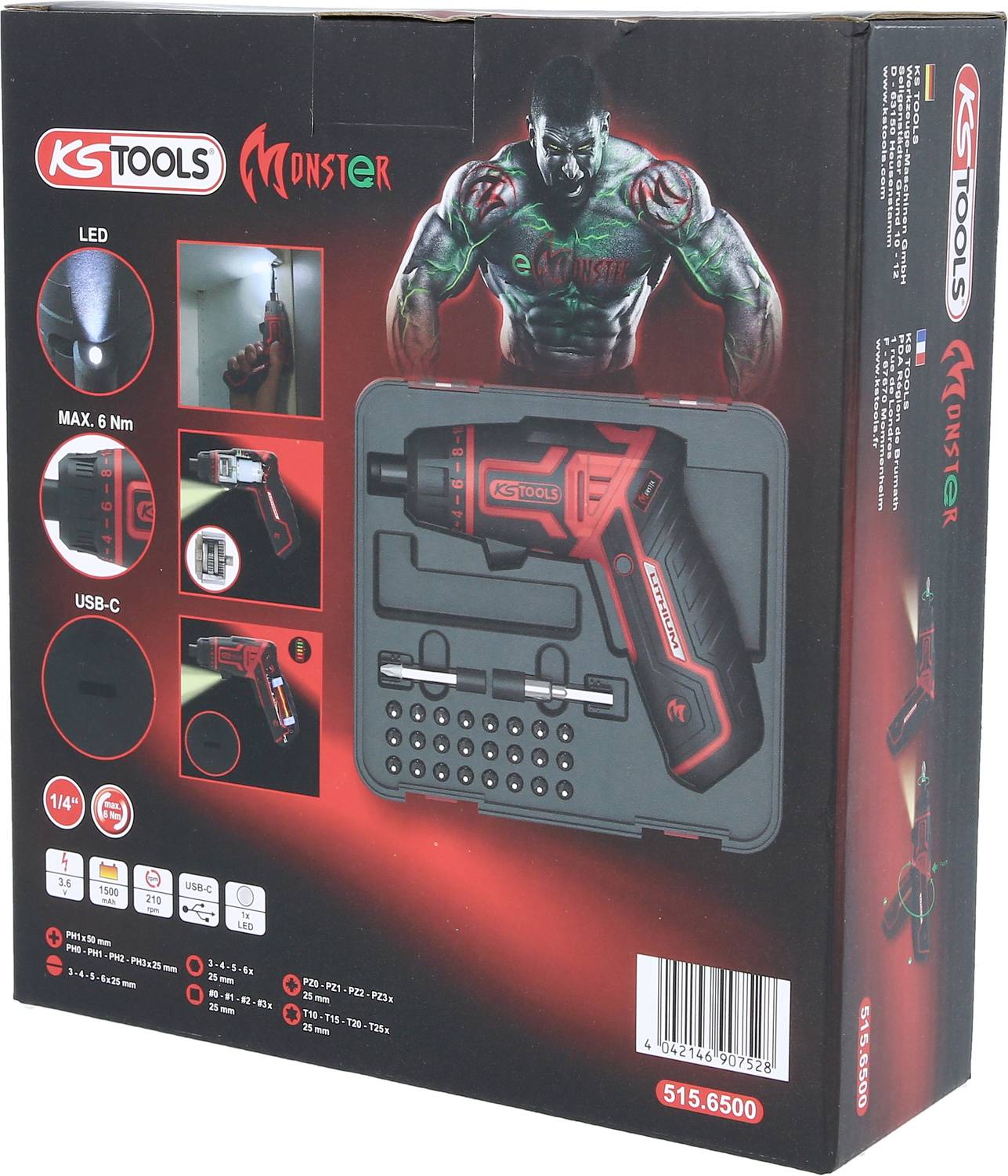 Zestaw wkrętarki akumulatorowej KS Tools Monster w walizce. Zawiera podświetlenie LED, maksymalny moment obrotowy 6 Nm, złącze ładowania USB-C. Odpowiedni dla osób w wieku 14 lat i starszych.