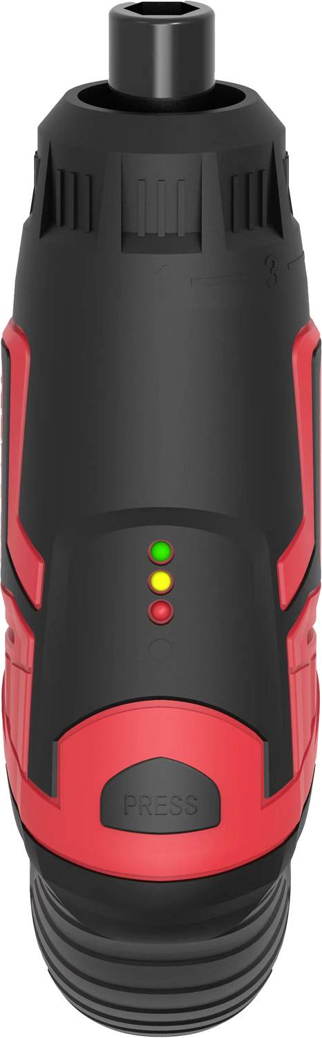 Czarny i czerwony akumulatorowy wkrętak z trzema wskaźnikami LED pośrodku, sygnalizującymi stan naładowania. Na górze znajduje się gniazdo do mocowania końcówek.
