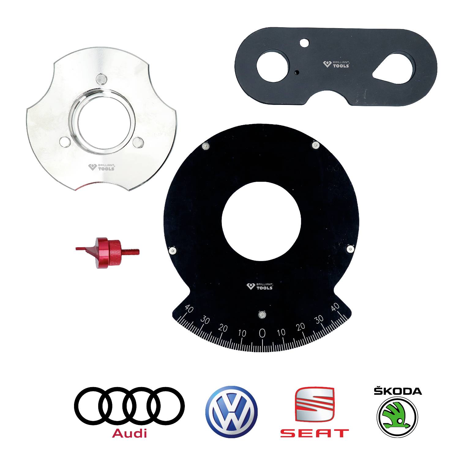 Zestaw specjalistycznych narzędzi do obsługi silnika, w tym tarcze z oznaczeniami oraz mały czerwony przyrząd, ułożone na tle logo producentów samochodów.