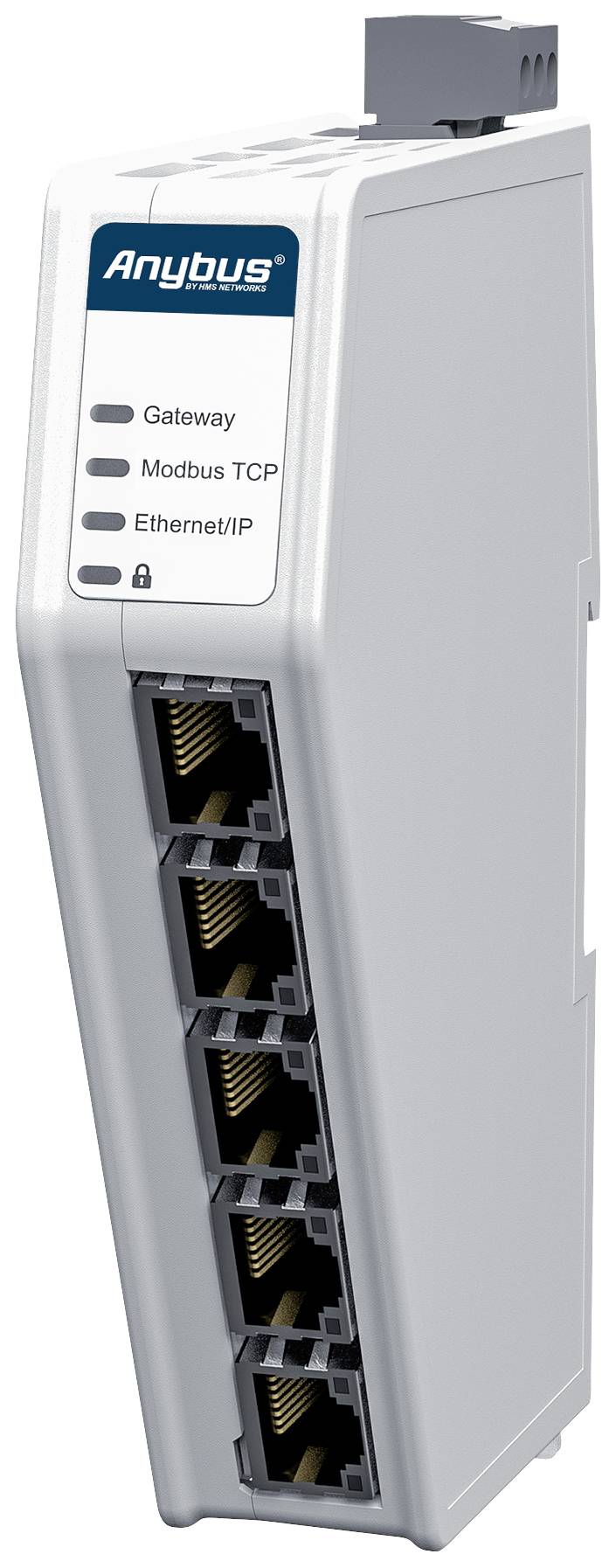 Moduł bramy sieciowej z logo 'Anybus'. Wyświetla wskaźniki statusu dla bramy, Modbus TCP i Ethernet/IP obok pięciu portów Ethernet.