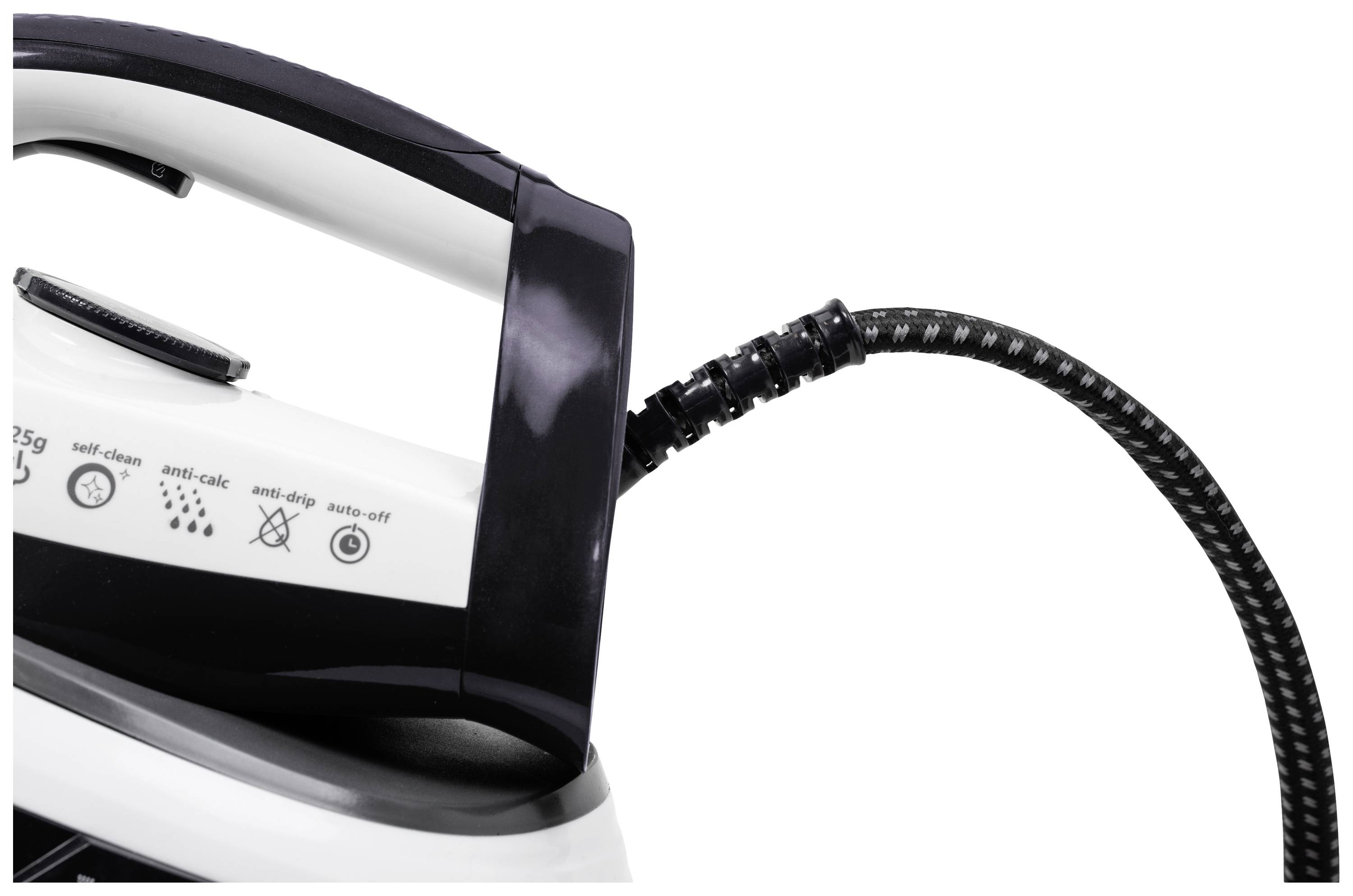 Nowoczesne żelazko parowe z elastycznym przewodem. Symbole na boku wskazują funkcje takie jak 'samoczyszczenie' i 'przeciw kamieniowi'.