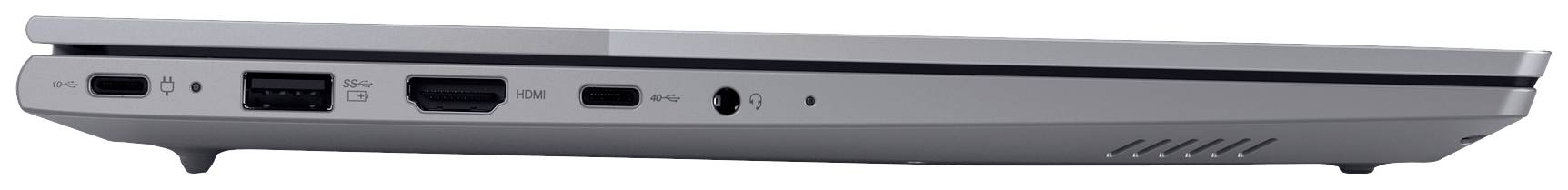 Srebrny laptop sfotografowany z boku, ukazujący kilka portów, w tym USB, HDMI oraz gniazdo słuchawkowe.