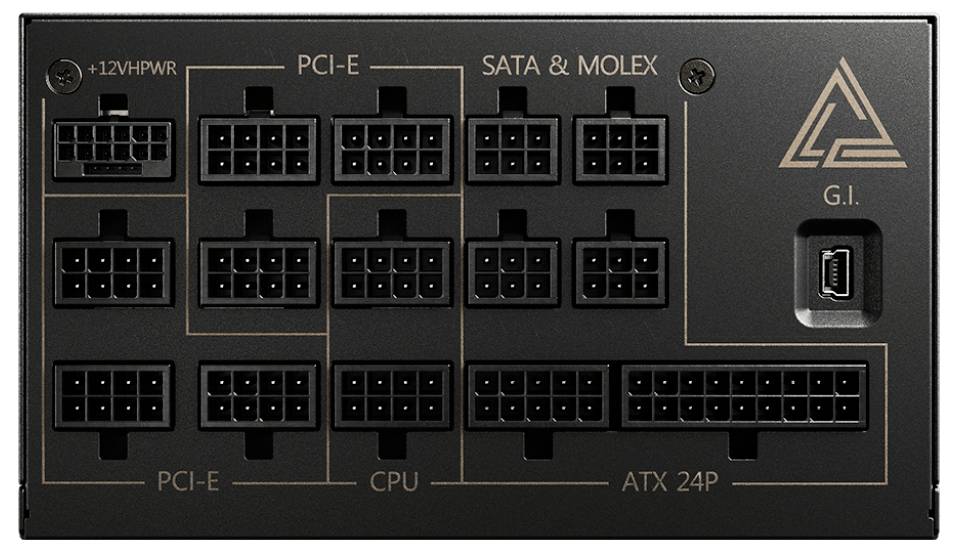 Tylna strona zasilacza komputerowego z licznymi gniazdami przyłączeniowymi dla PCI-E, SATA i Molex, CPU oraz ATX 24P.