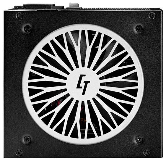 Czarny zasilacz z okrągłą kratką wentylacyjną, prezentujący stylizowane logo 'CT'. Kluczowy komponent komputera odpowiedzialny za dostarczanie energii elektrycznej.