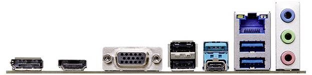 Kilka złączy komputerowych, w tym HDMI, VGA, USB, Ethernet oraz 3 złącza audio.