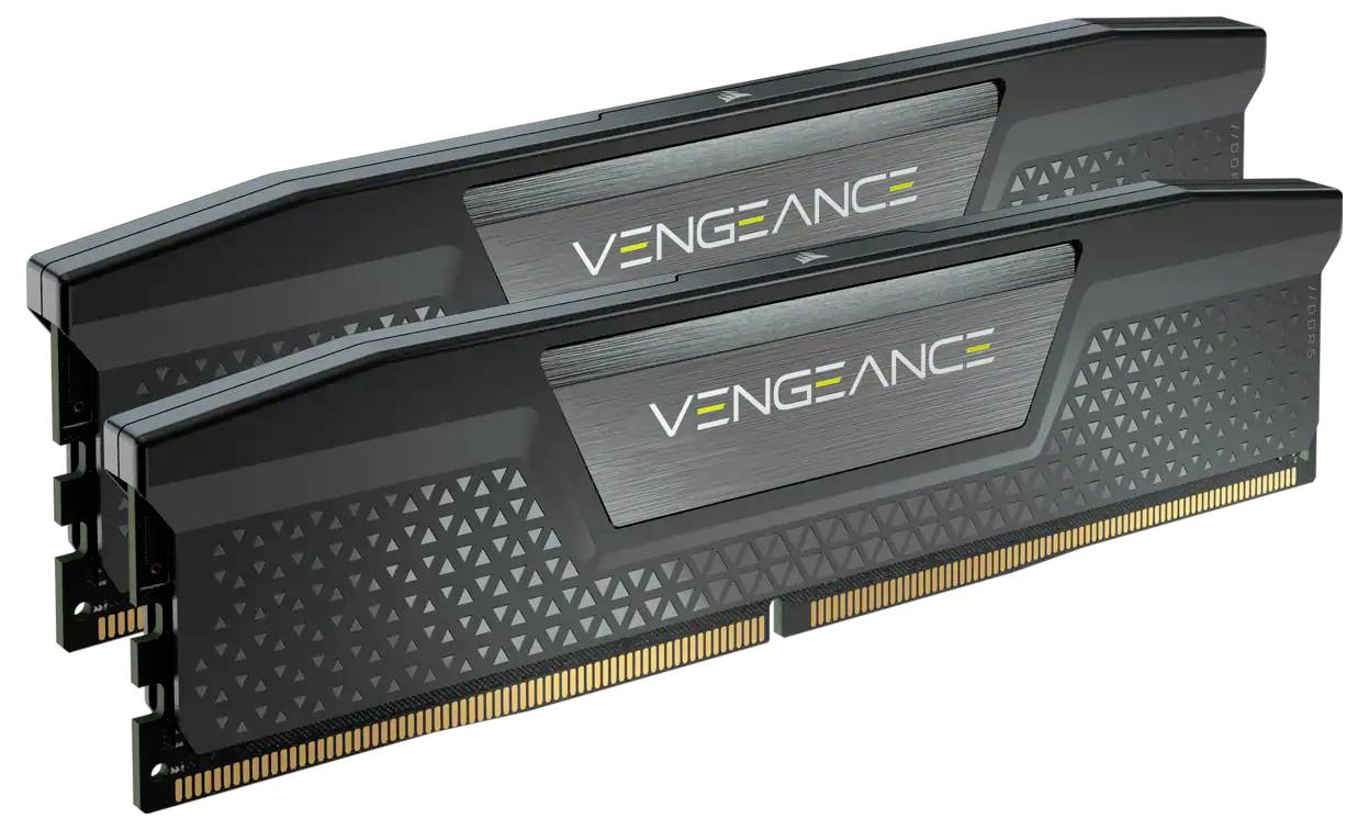 Dwa czarne moduły pamięci RAM marki 'Vengeance' ułożone obok siebie.