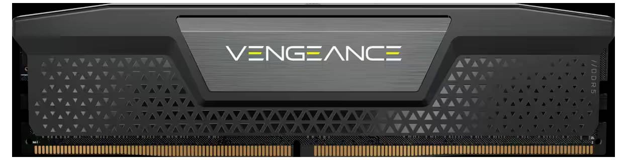 Zbliżenie modułu pamięci RAM Vengeance z ciemnoszarym radiatorem i złotymi stykami, przeznaczonego do wydajnych komputerów.