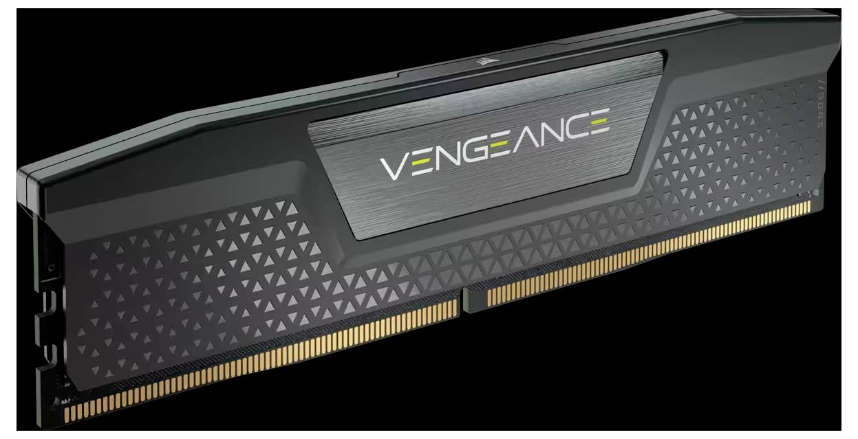 Moduł pamięci RAM Corsair Vengeance z czarno-szarymi radiatorami i złotymi stykami, znany z wydajnych komponentów komputerowych.
