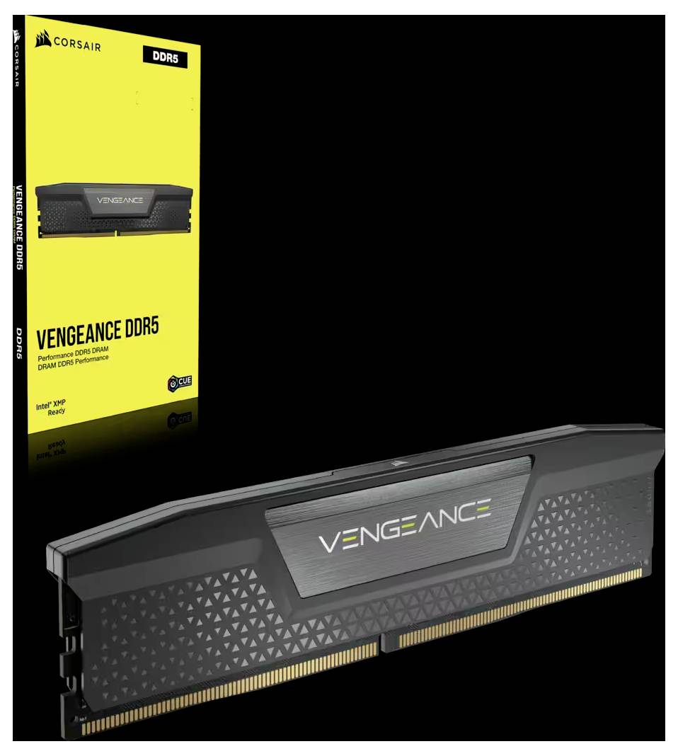 Pamięć RAM Corsair Vengeance DDR5 na czarnym tle, prezentująca jednostkę pamięci wraz z opakowaniem. Idealna do komputerów dla graczy.