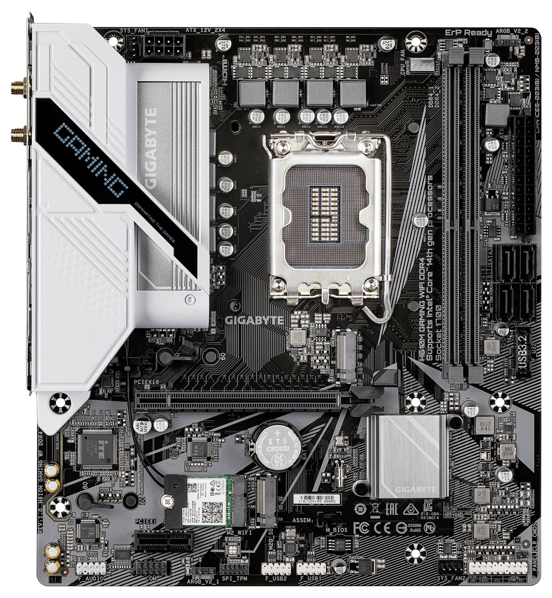 Płyta główna z gniazdami PCIe, slotami RAM, gniazdem procesora oraz złączami. Na obudowie widoczny napis 'GAMING'.
